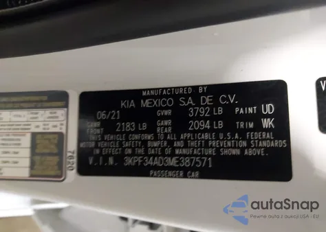 2021 Kia Forte Gt-Line из США, поврежденный, VIN 3KPF34AD3ME387571